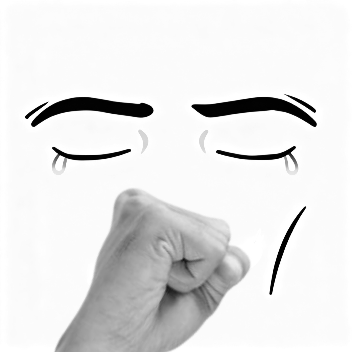 Minimalist doodle face holding back tears with a clenched fist under its chin