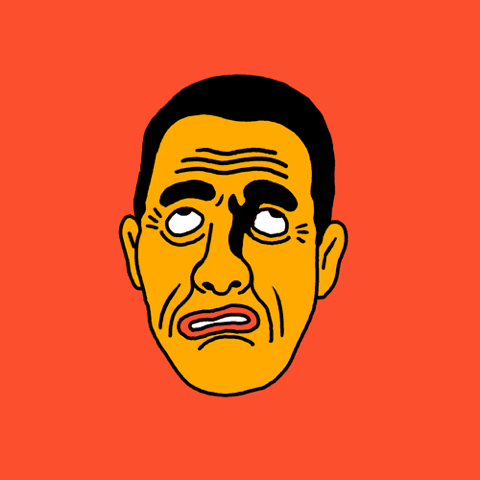 Cartoon face on orange with strained, teary eyes and a grimacing frown