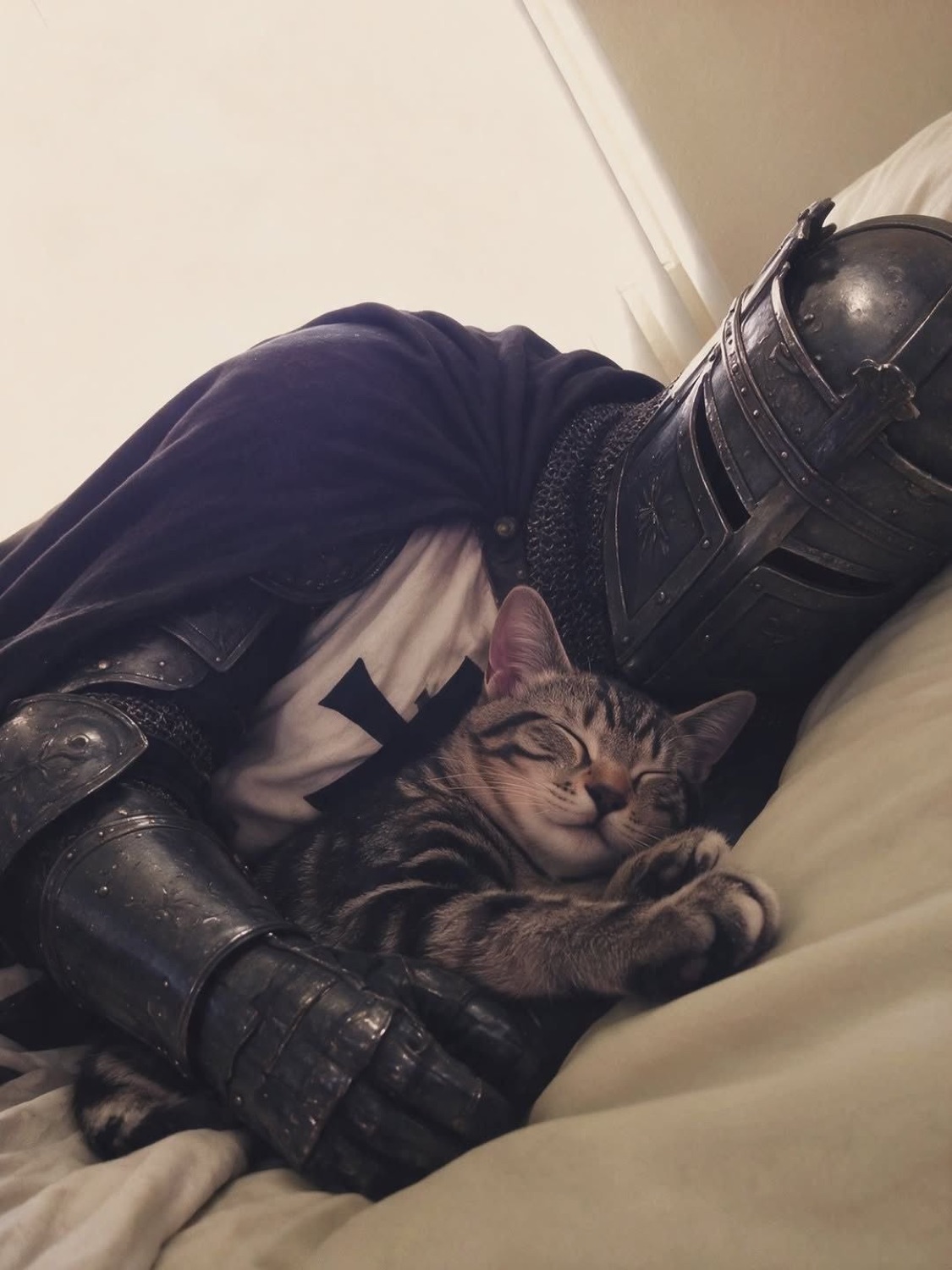 Armored knight cuddling a sleeping tabby cat in bed