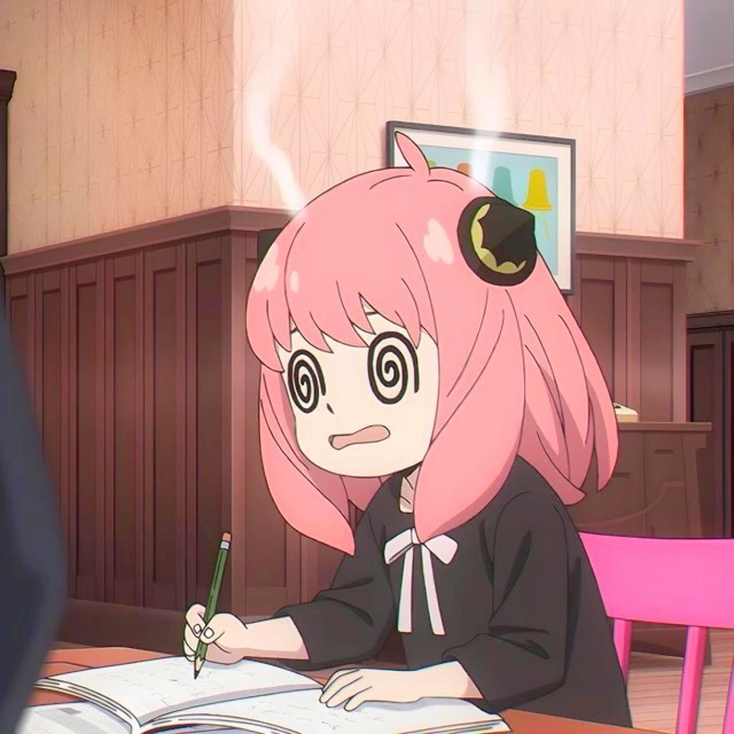 Anya from Spy x Family with swirly eyes doing homework