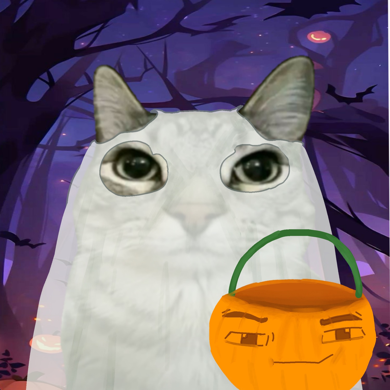 White cat with a smirking human-faced pumpkin bucket, staring