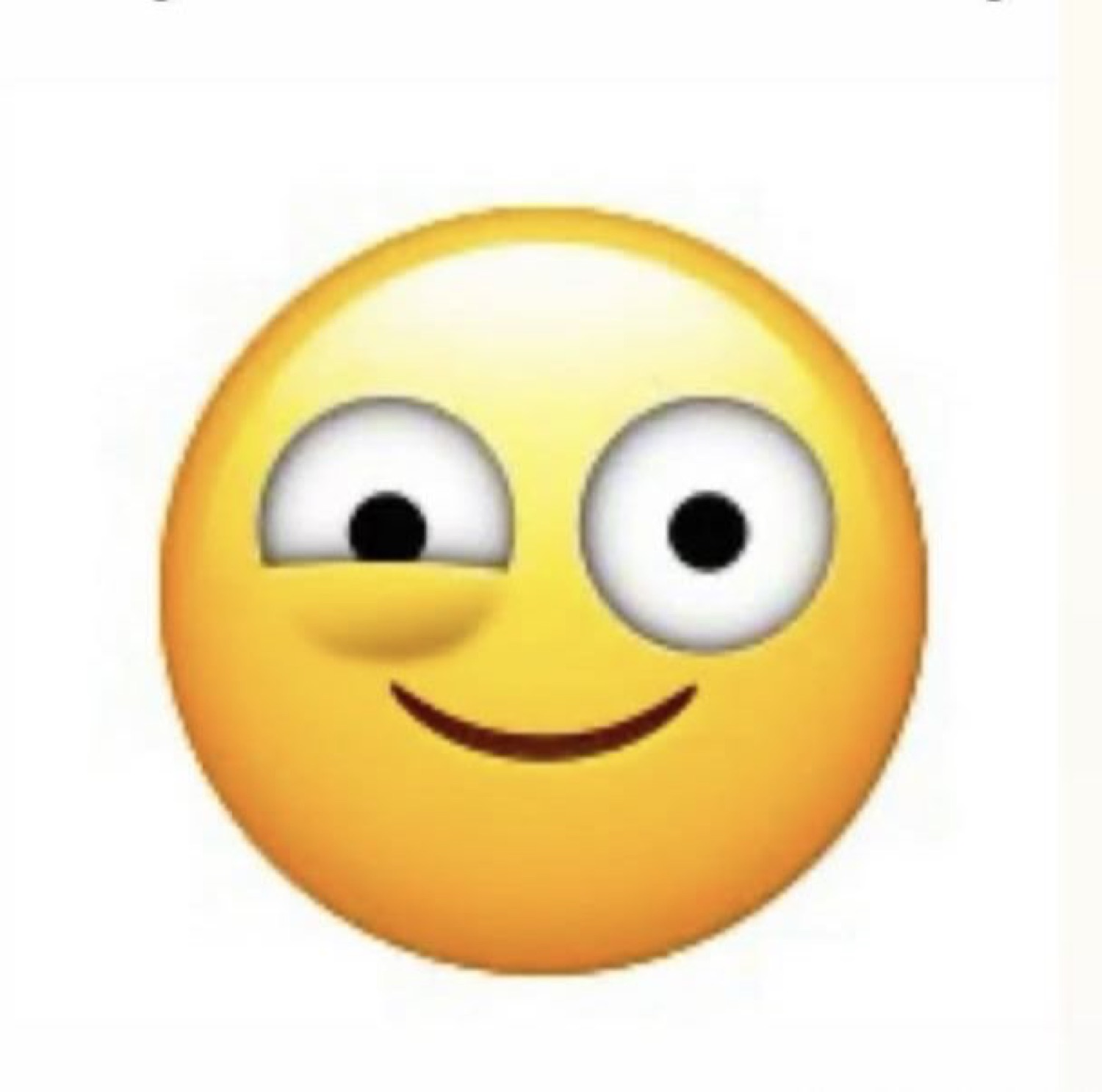 Emoji with one lazy eye and a crooked little smirk, looking gormless