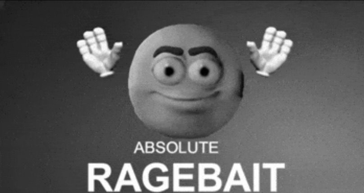 Grinning 3D emoji raising its hands captioned 'ABSOLUTE RAGEBAIT'