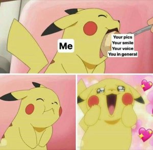 Pikachu being spoon-fed 'you in general' and gushing with teary heart-eyed joy