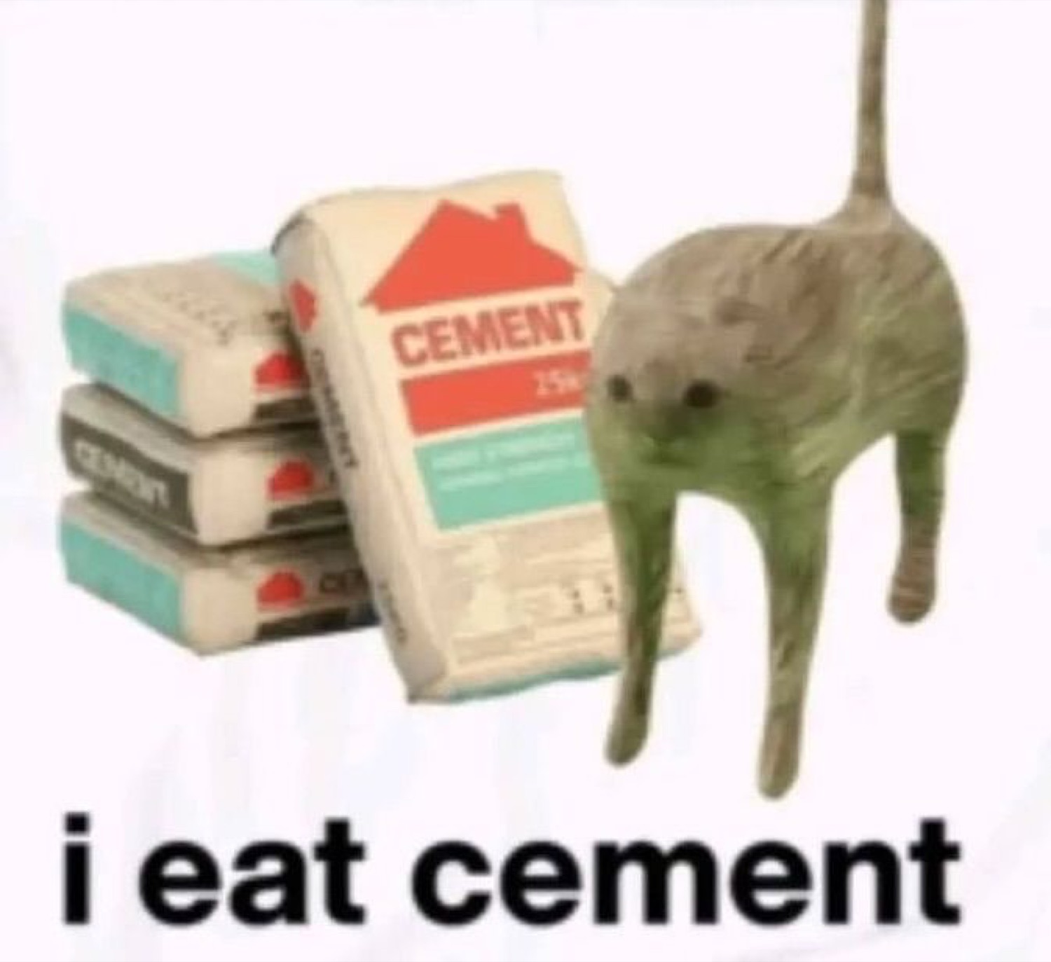 Warped green cat photoshopped beside cement bags, deadpan, captioned 'i eat cement'