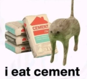 Warped green cat photoshopped beside cement bags, deadpan, captioned 'i eat cement'