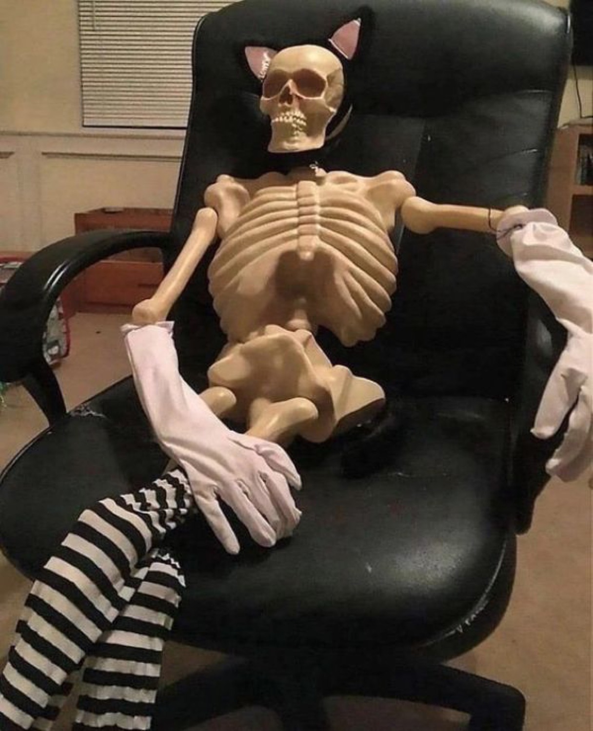 Skeleton with cat ears lounging in an office chair with striped stockings