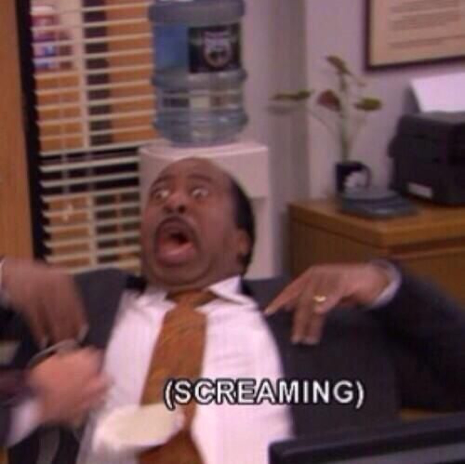 Stanley from The Office screaming in wide-eyed panic, captioned '(SCREAMING)'
