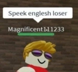 Roblox avatar staring blankly under the taunt 'Speek englesh loser'