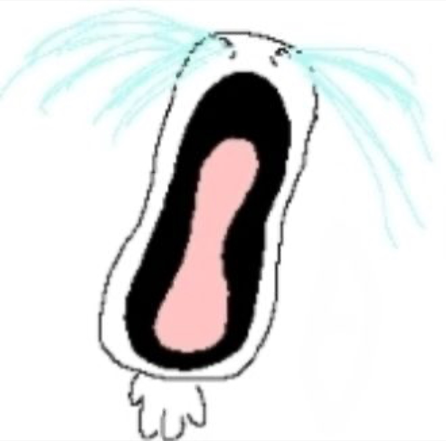 Crude cartoon face bawling with a wide-open mouth and tears spraying out both sides