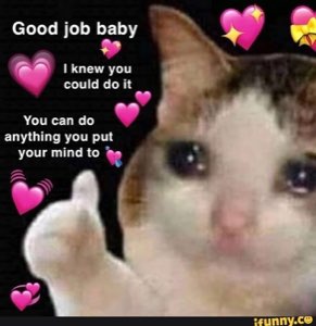 Teary-eyed cat giving a thumbs up surrounded by pink hearts and encouraging messages
