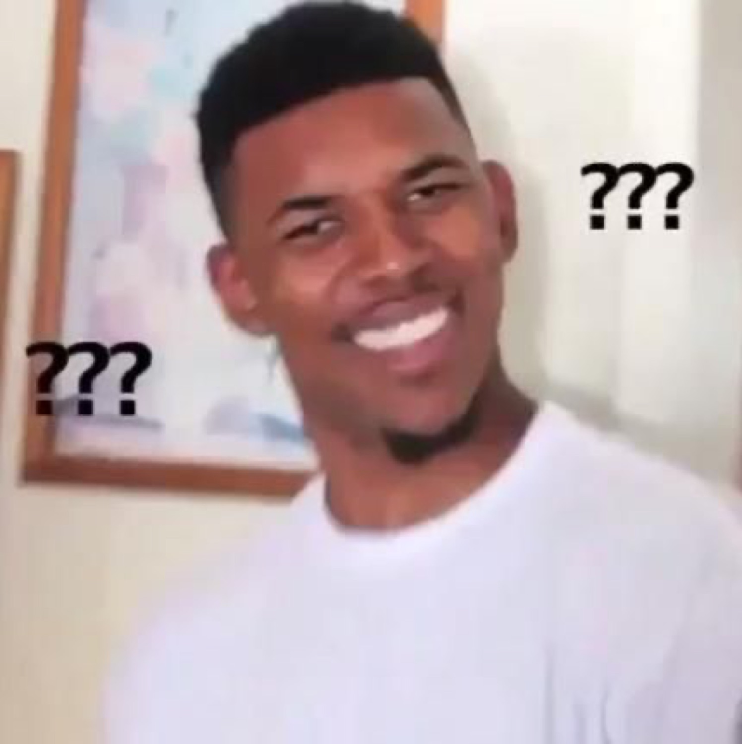 Nick Young smiling in confusion with floating question marks around his head