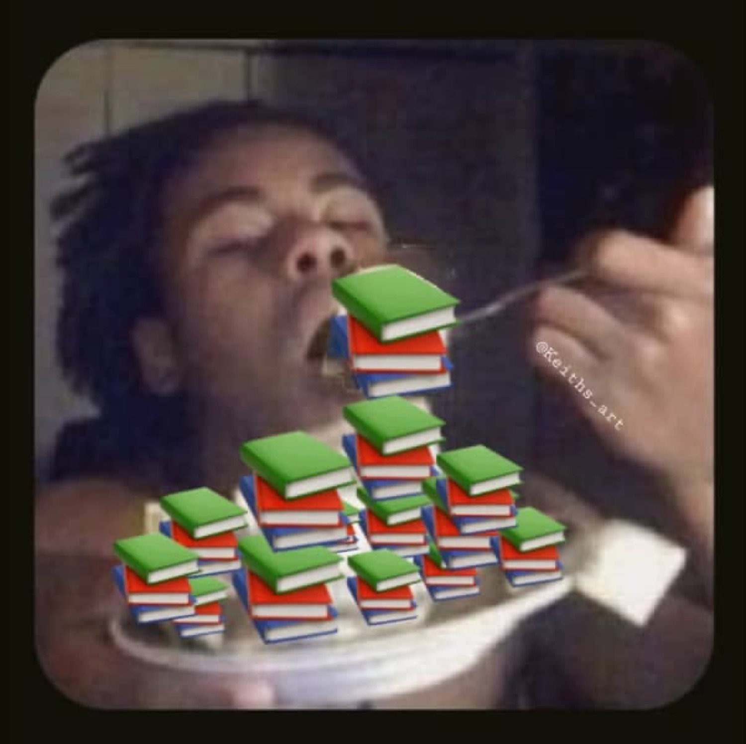 Person being spoon-fed a stack of books