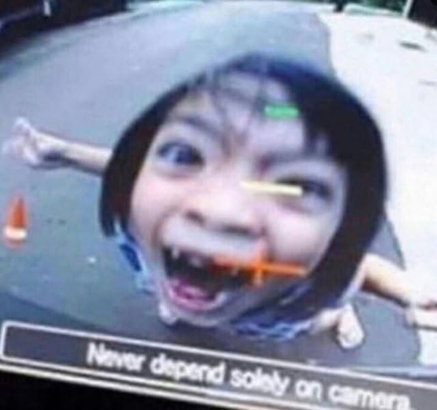 Child pressing a wild screaming face against a fisheye backup camera, captioned 'Never depend solely on camera'