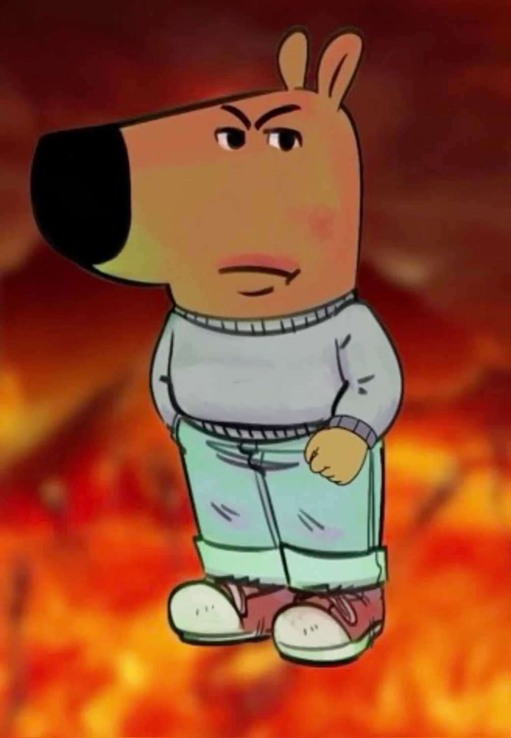 Chill Guy, the cartoon dog, scowling with a clenched fist in front of flames
