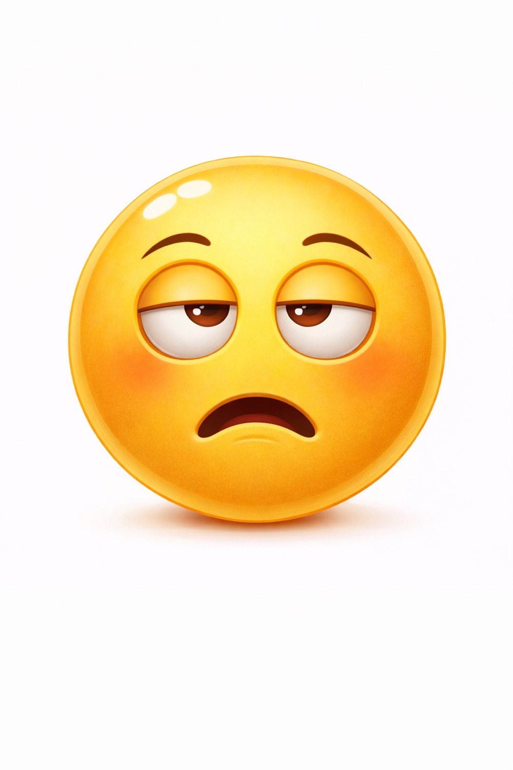 3D emoji face with half-closed eyes and a downturned mouth, radiating pure exhaustion