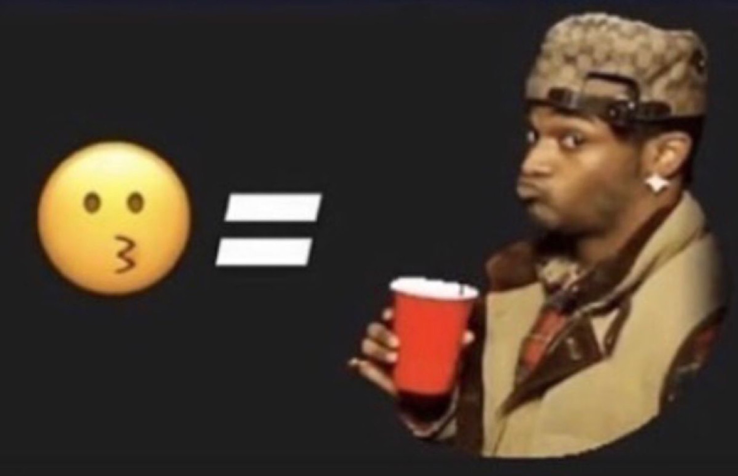 Whistling emoji equals a man in a hat innocently whistling with a red cup