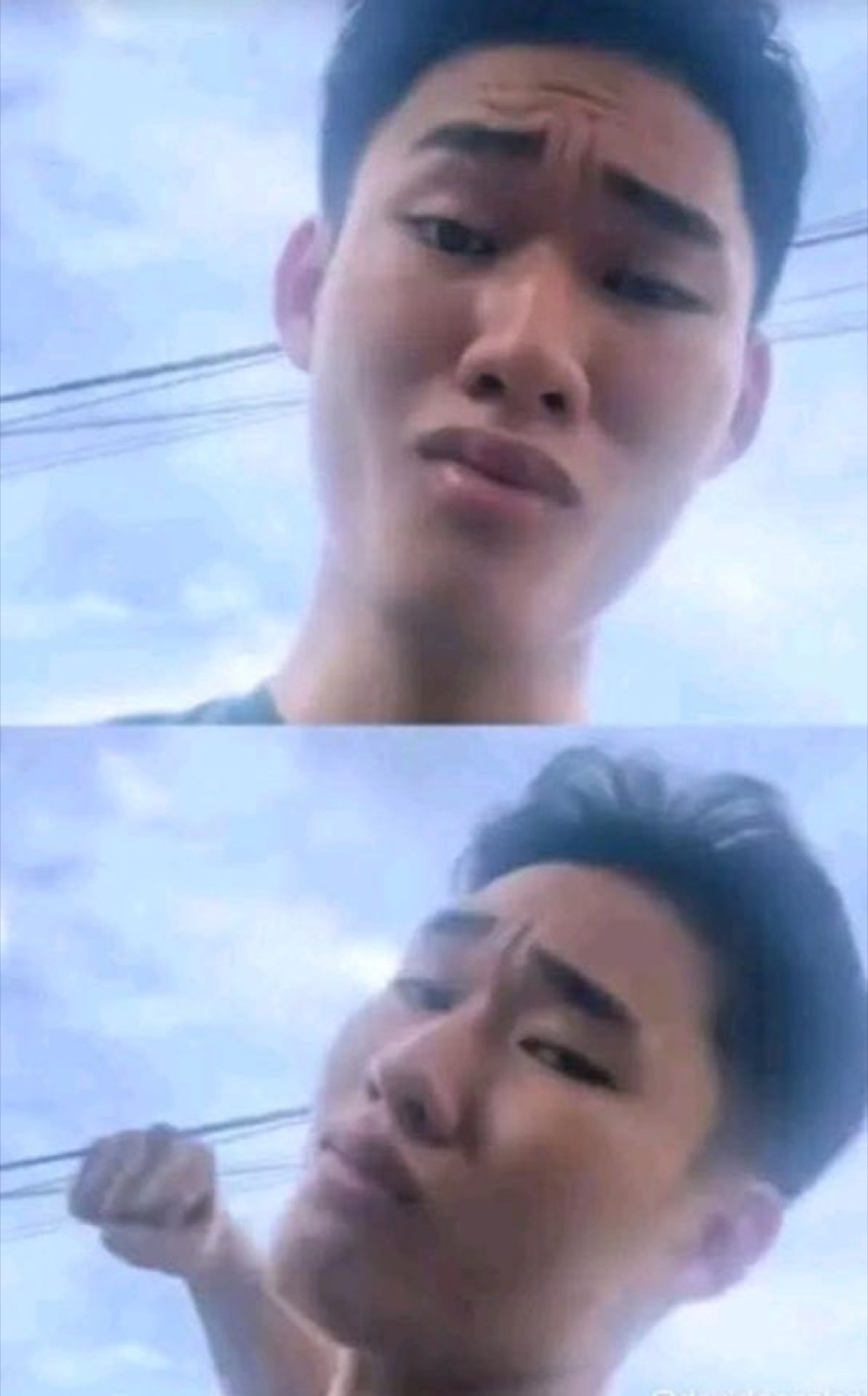 Two-panel selfie of a young man looking up with a pained, defeated frown