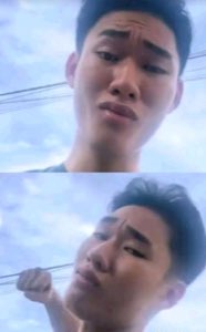 Two-panel selfie of a young man looking up with a pained, defeated frown