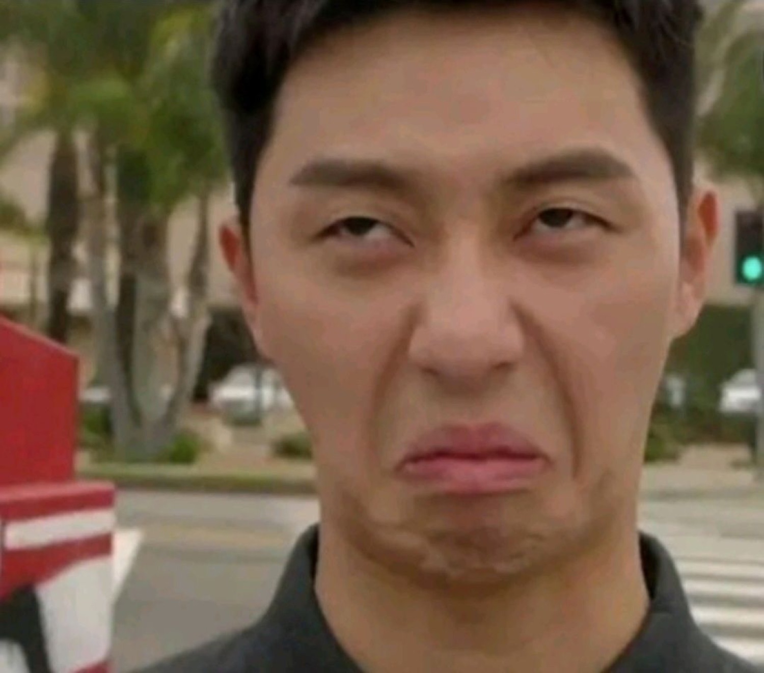Asian man outdoors scrunching his face into a deep pout of pure disgust
