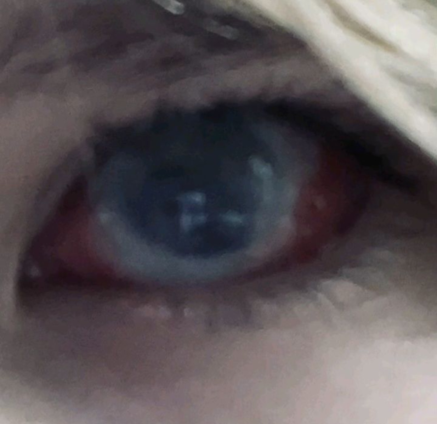 Extreme blurry close-up of a single wide human eye peeking out from under a blanket