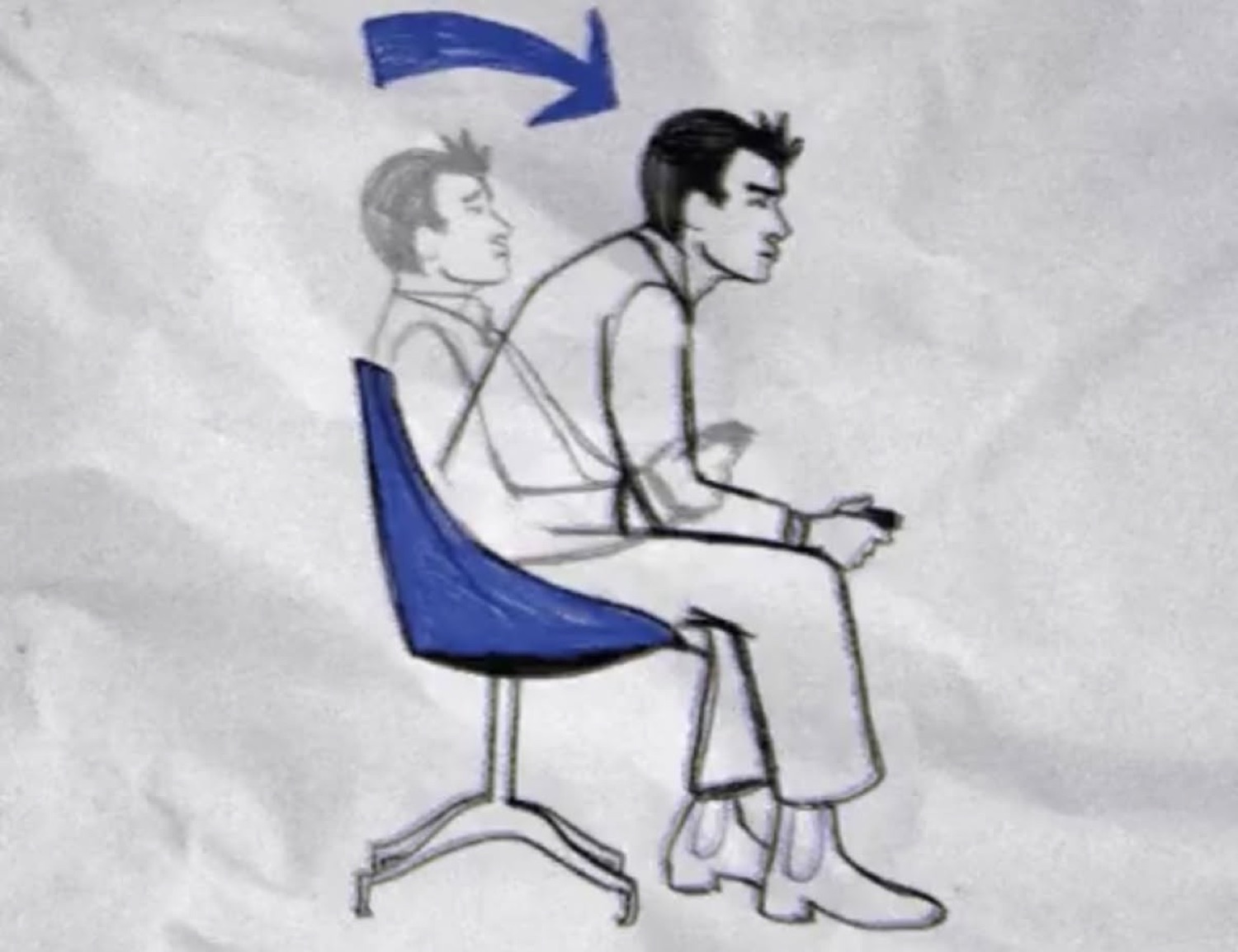 Pencil sketch of a man in an office chair being swapped out for another, with a blue arrow