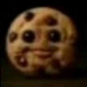 A chocolate chip cookie with a realistic smiling human face staring up from the dark