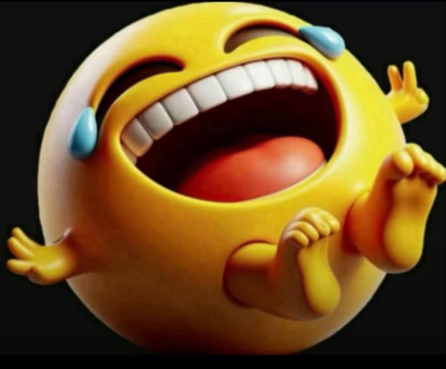 3D yellow emoji rolling on its back howling with laughter and tears streaming