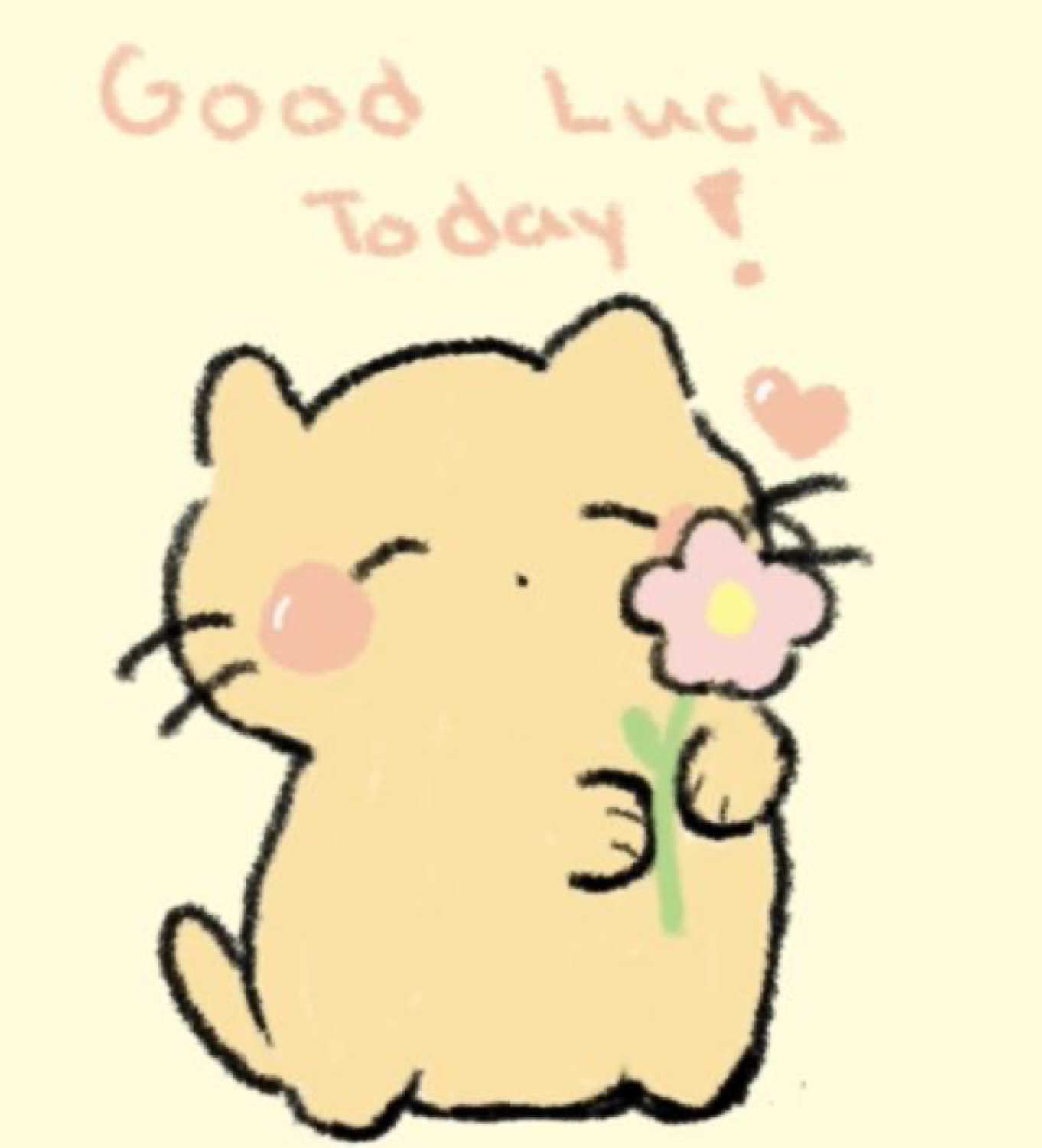 Cute yellow cat holding a flower: 'Good Luck Today!'