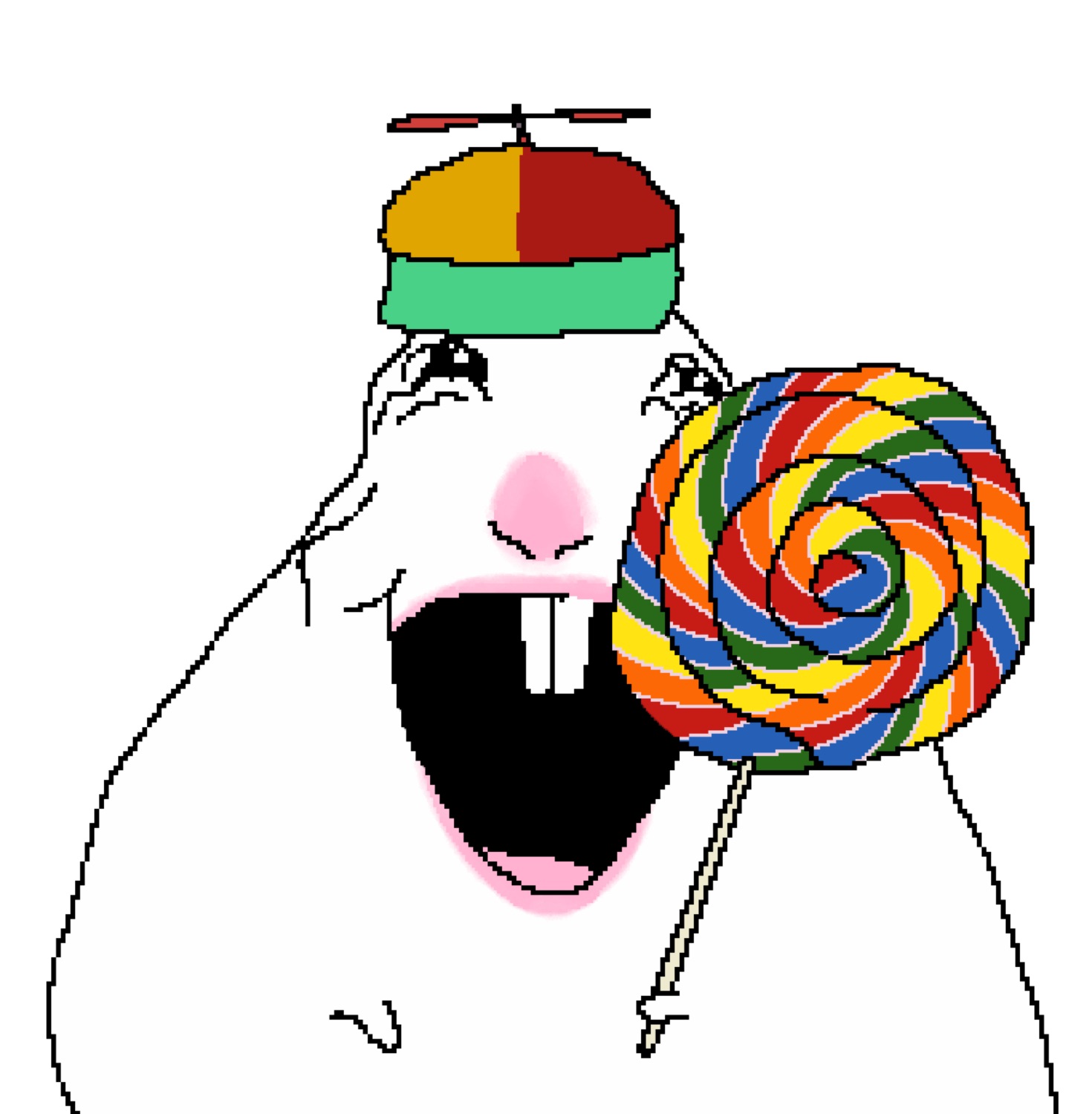 Wojak with a propeller beanie screaming with joy while holding a giant rainbow lollipop