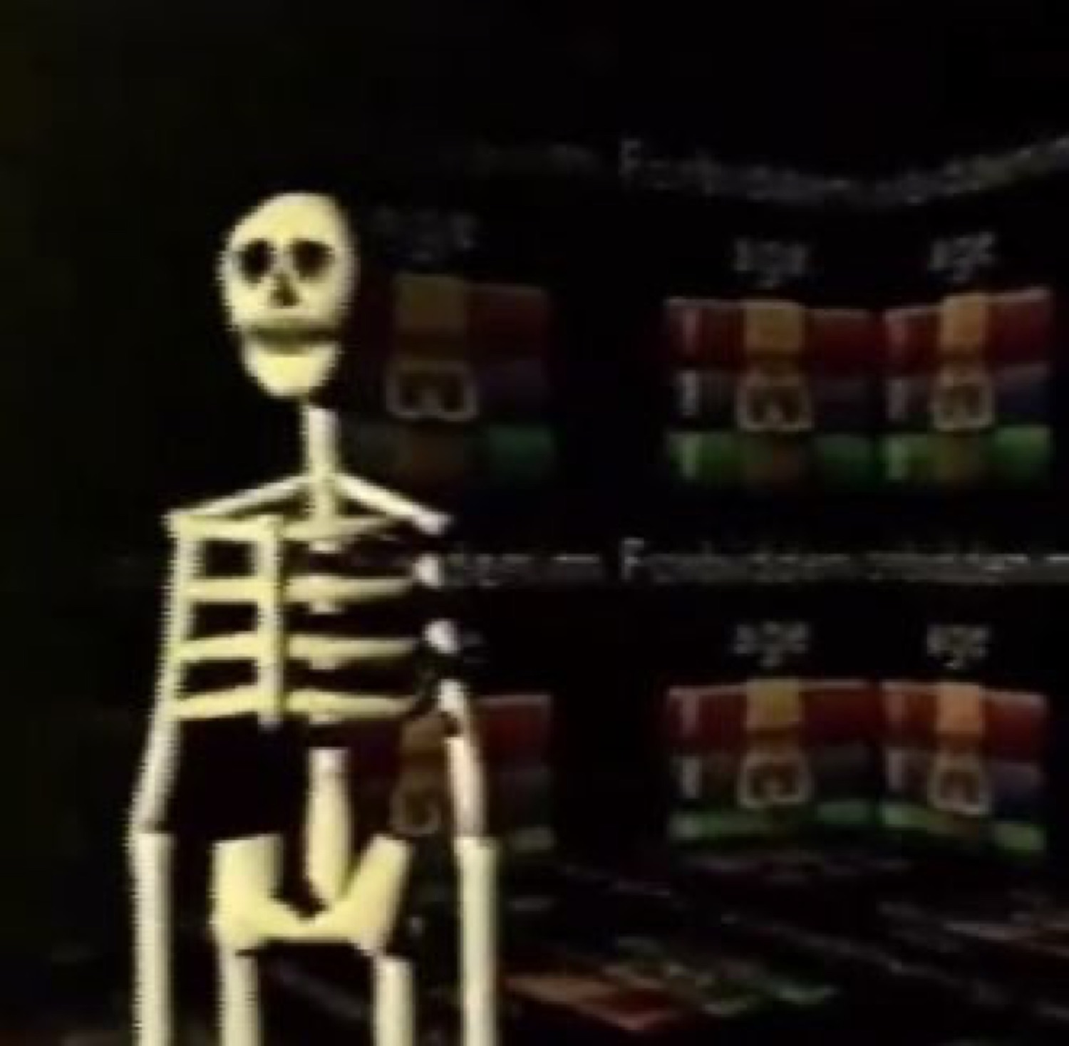 Blurry skeleton dancing stiffly in a dark library
