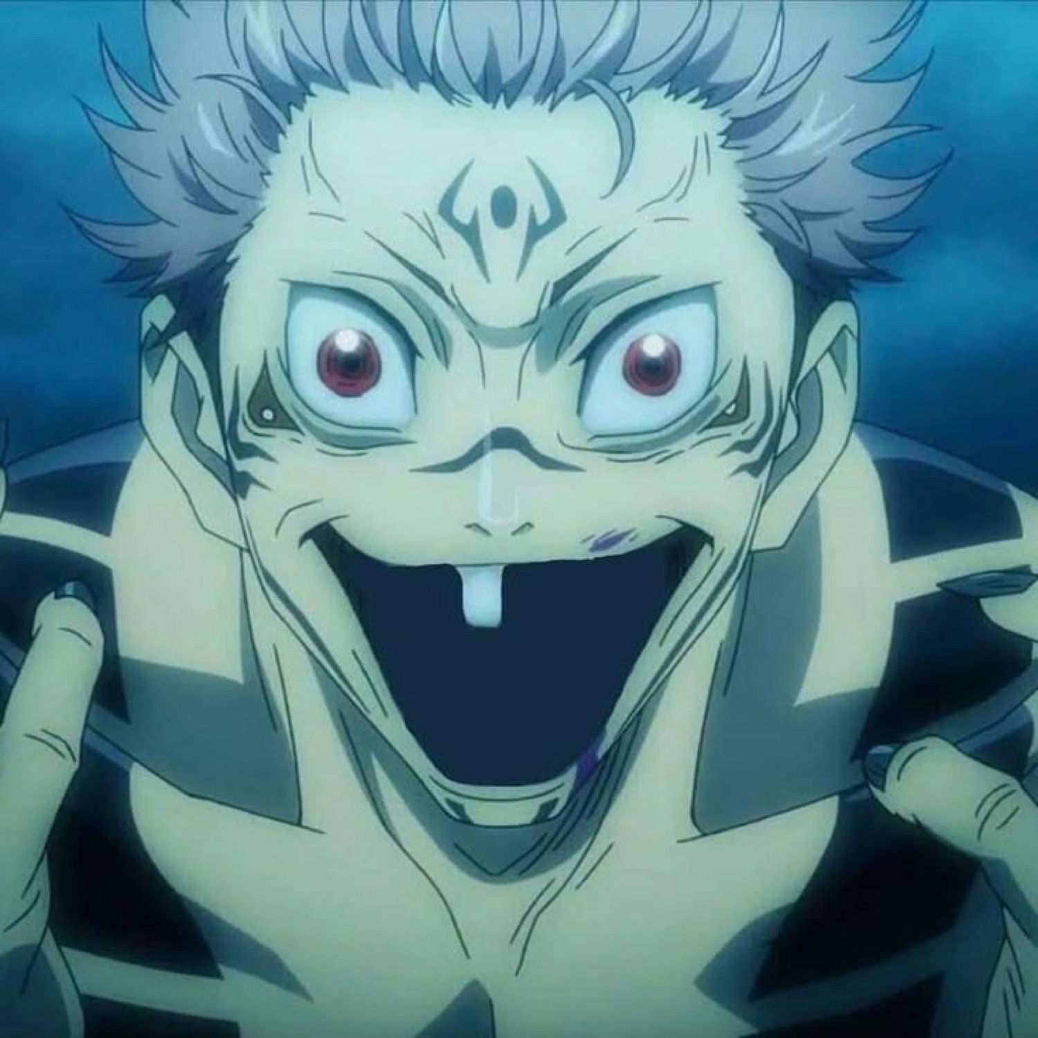 Anime villain grinning wide-eyed with drool, looking crazed and menacing