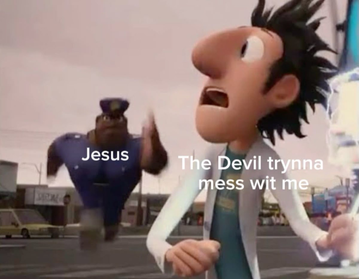 Cop running at the scientist from Cloudy: 'Jesus' vs 'The Devil trynna mess wit me'