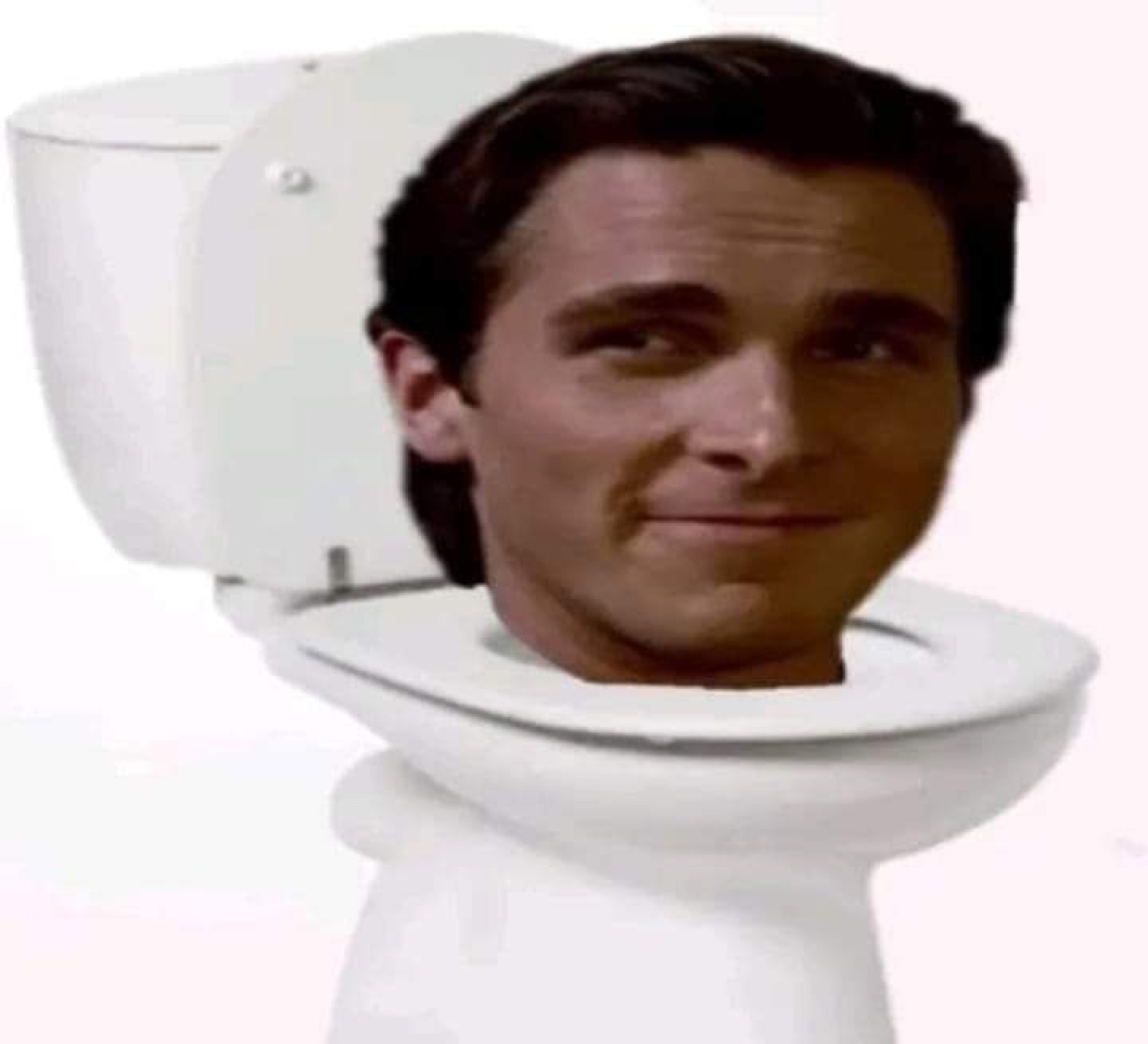 Patrick Bateman's head poking out of a toilet with a smug smile