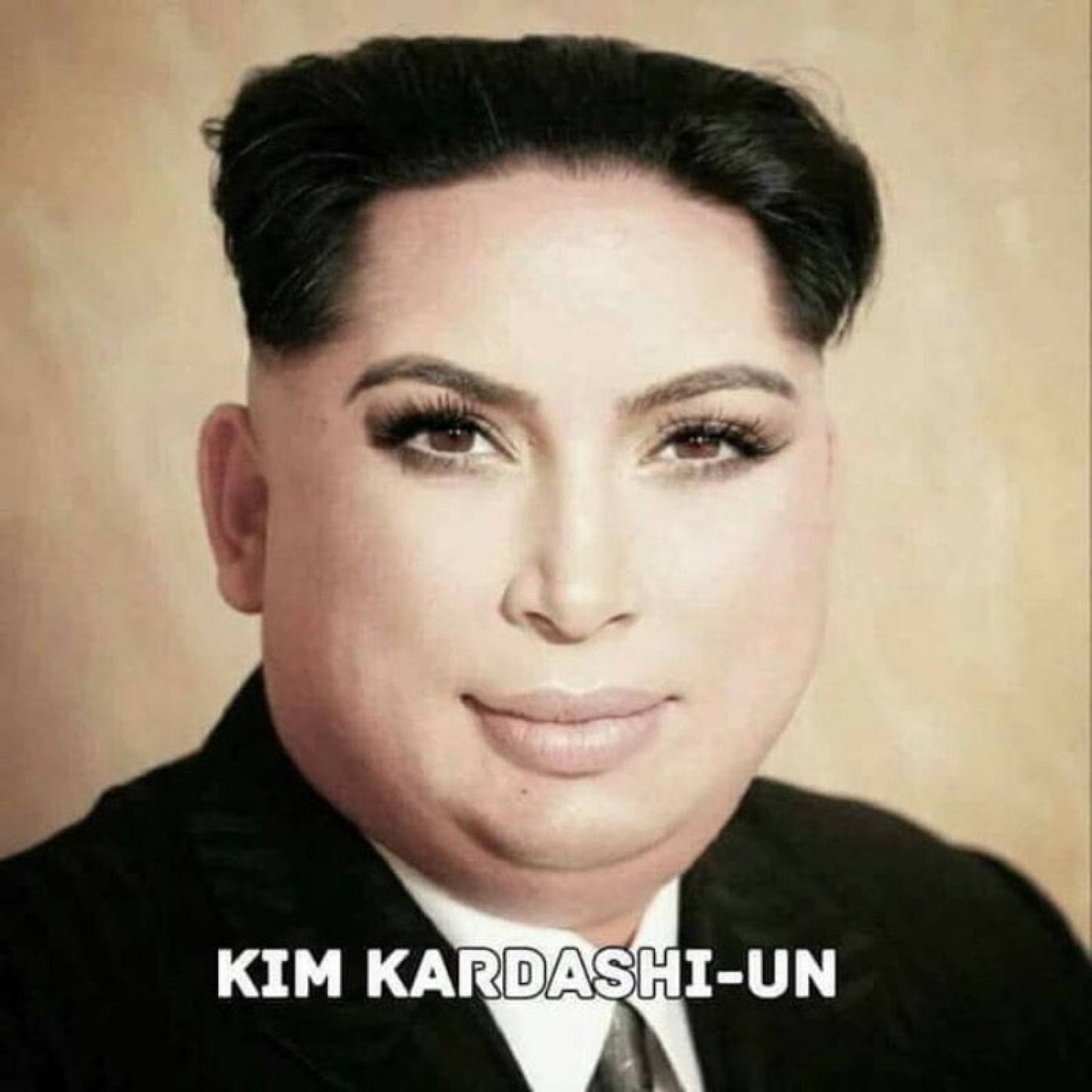 Photoshopped portrait of a leader glammed up with makeup, captioned 'KIM KARDASHI-UN'
