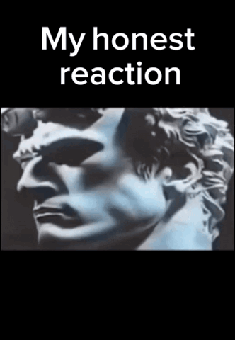 Zoom in on a marble statue face, "My honest reaction"