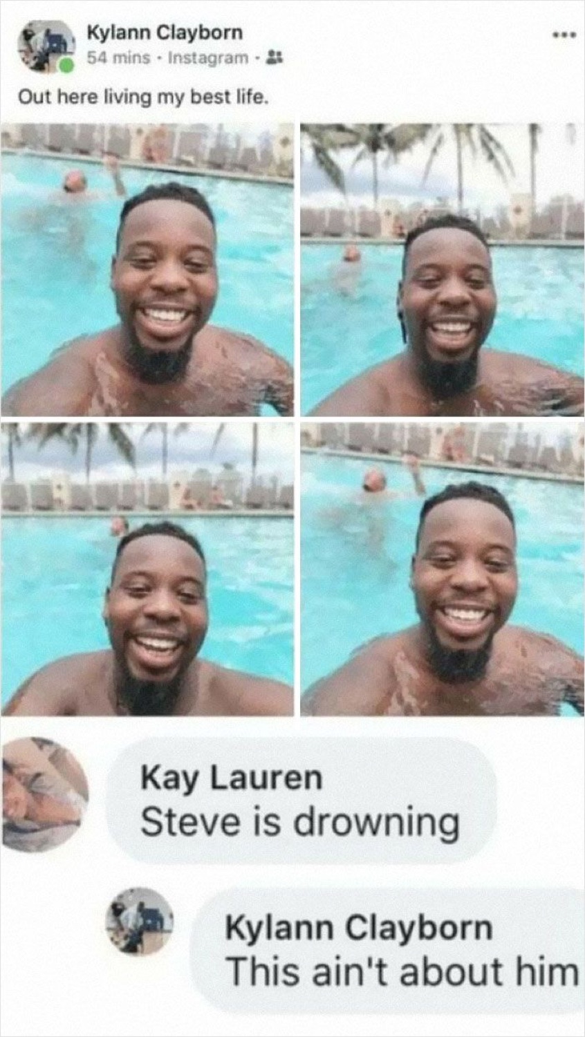 Guy posting pool selfies 'living his best life' while someone comments Steve is drowning — 'this ain't about him'