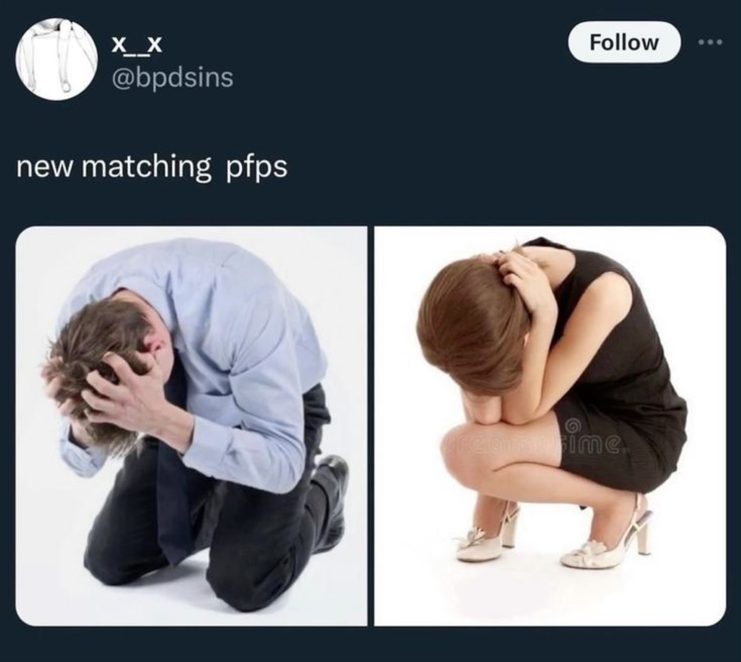 Tweet 'new matching pfps' over two stock photos of people curled up in despair