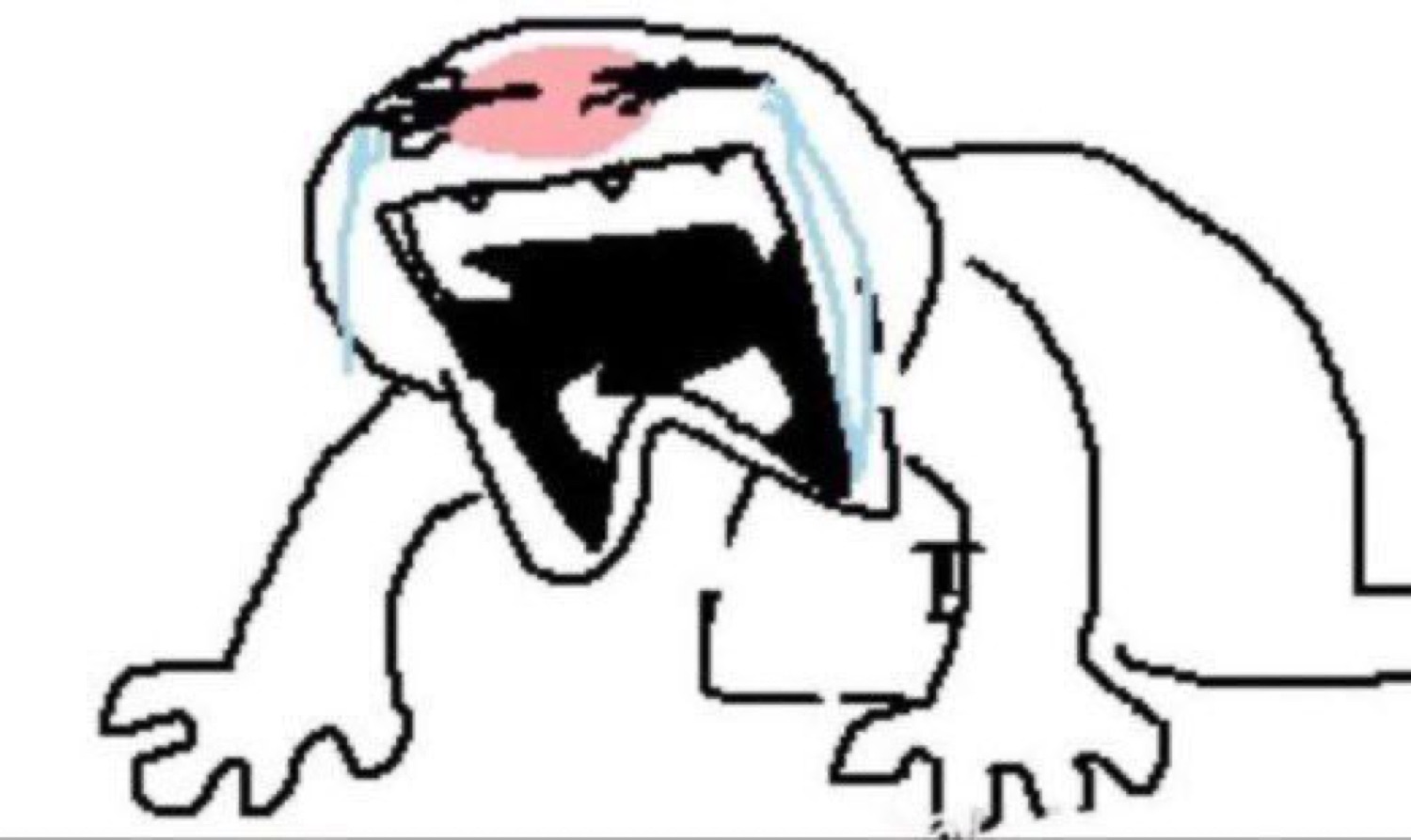 Crude cartoon creature bawling and screaming with tears streaming down its face
