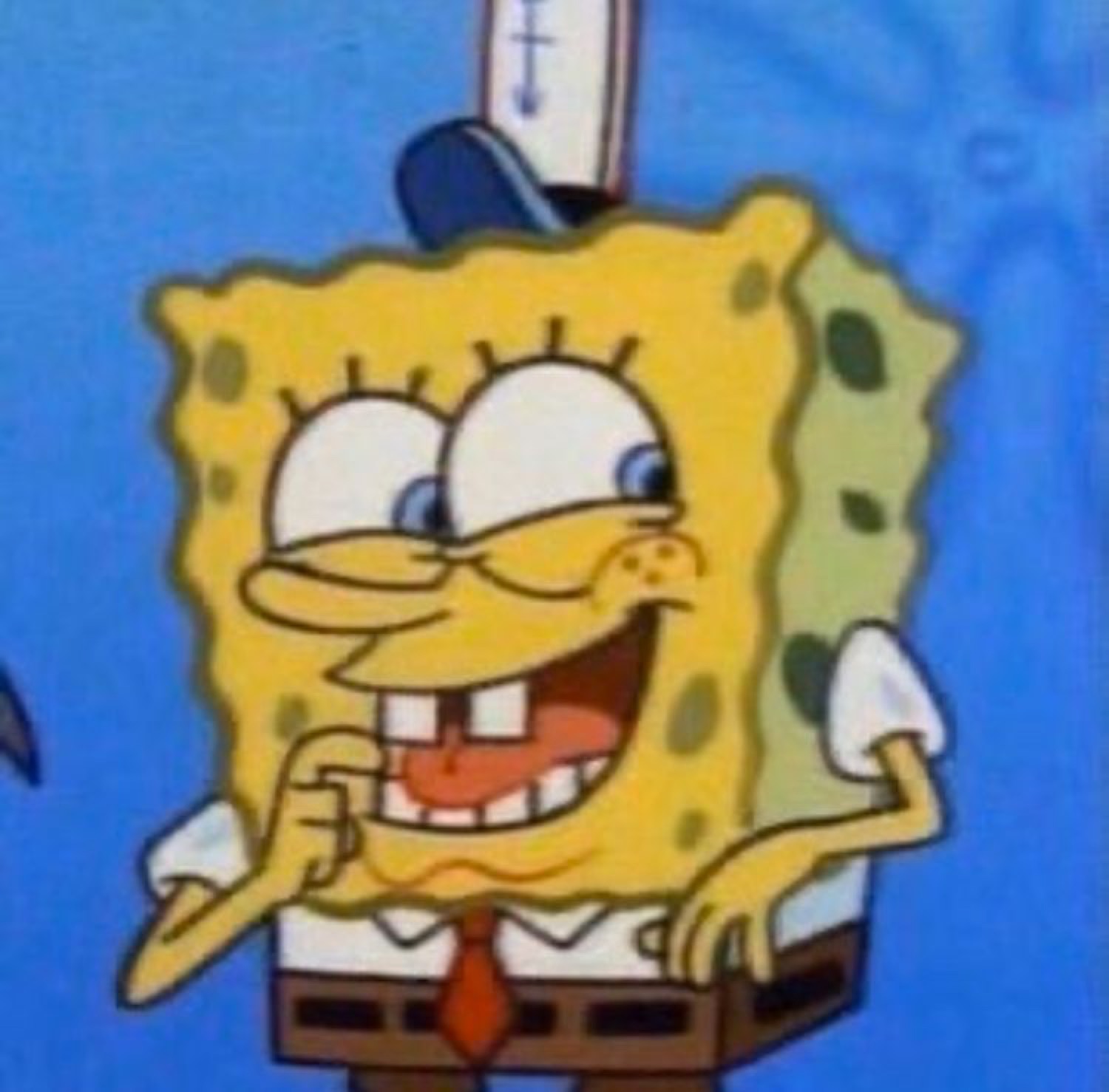 SpongeBob in a top hat giving a devious smug grin, up to something