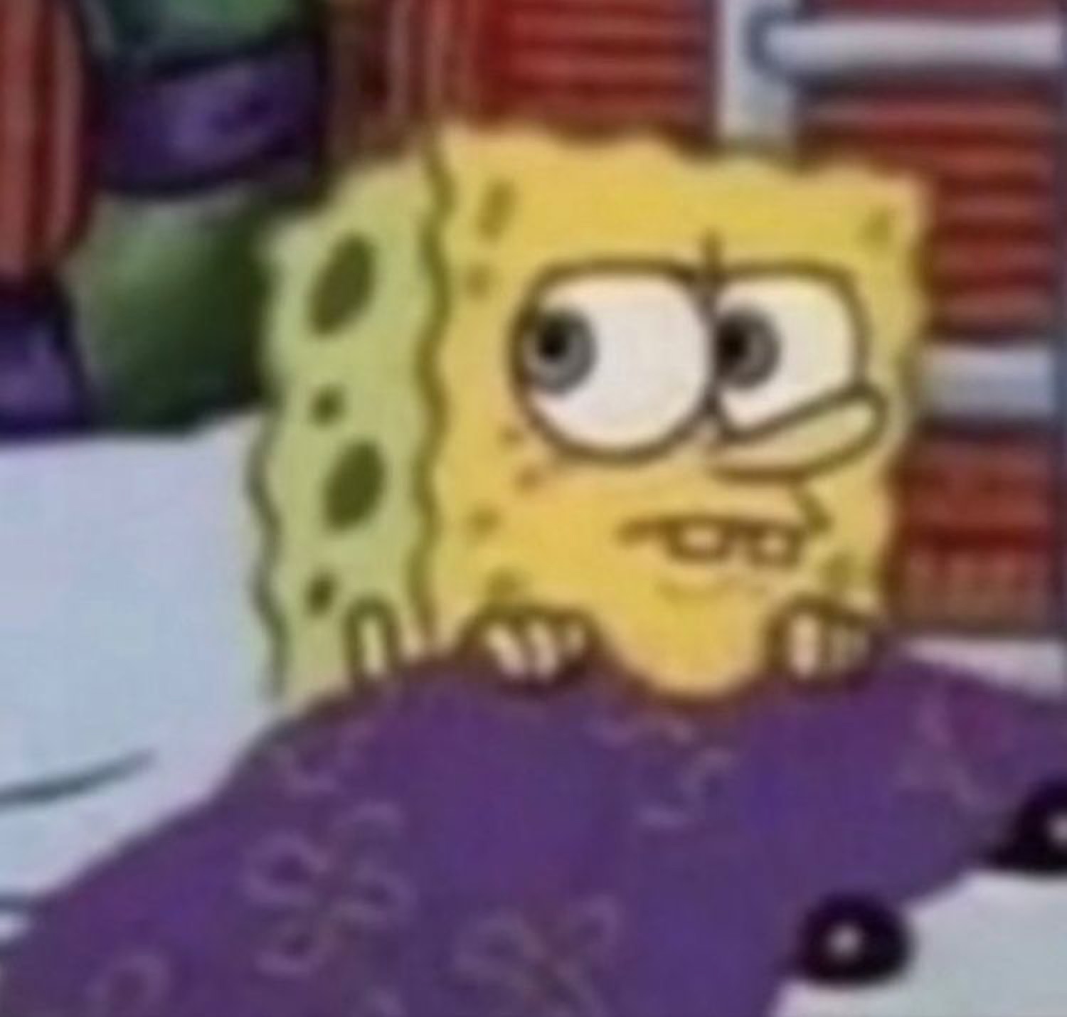 SpongeBob peeking over a purple blanket with a shy, awkward look