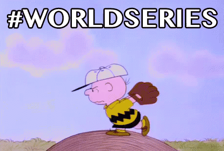 Charlie Brown pitching and getting knocked flat, "#WorldSeries"