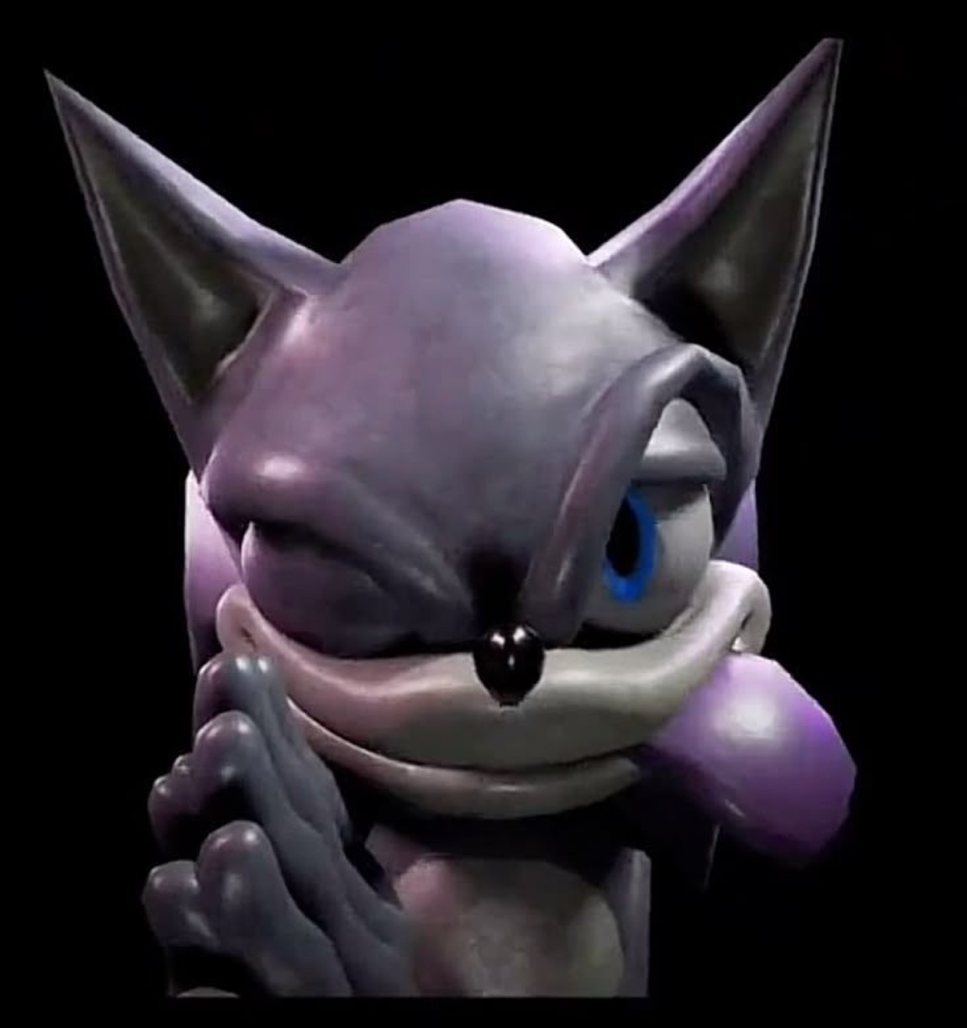 Creepy 3D Sonic hunching in the dark with a sly, scheming grin