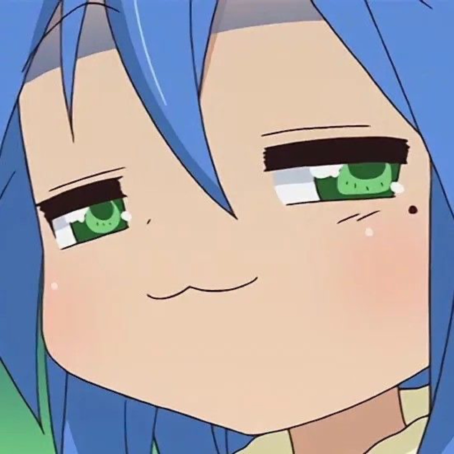 Anime girl with blue hair giving a deeply smug, half-lidded side glance