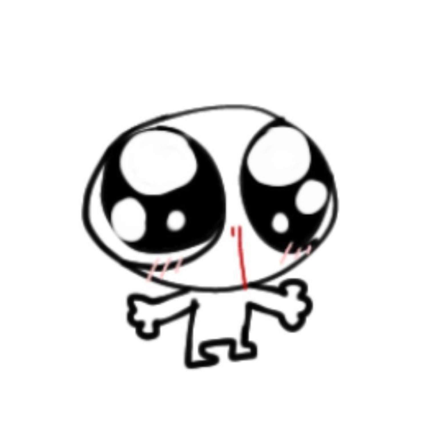 Tiny cartoon creature with massive eyes and a nose bleed standing on stubby legs