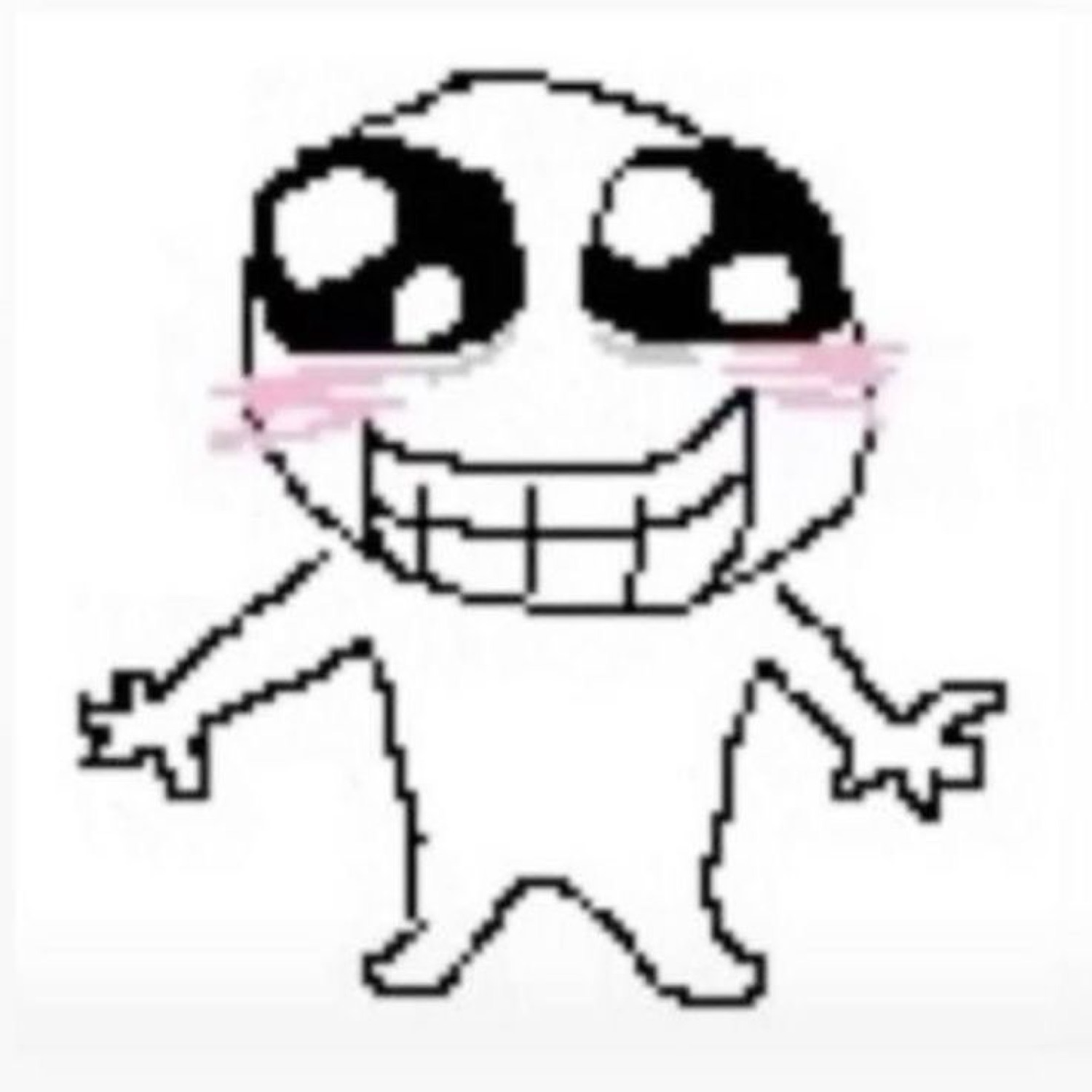Crude pixel doodle grinning wide with blushing cheeks and sparkly eyes