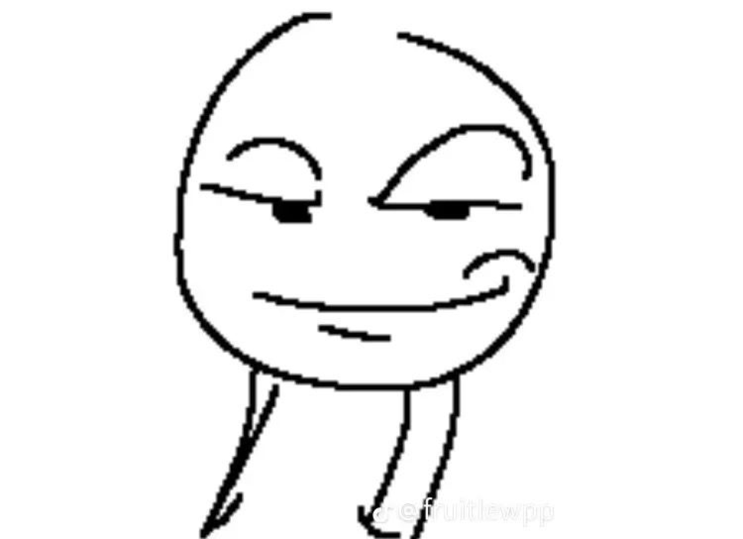 Troll face-style stick figure with a lopsided smug smirk and half-lidded eyes