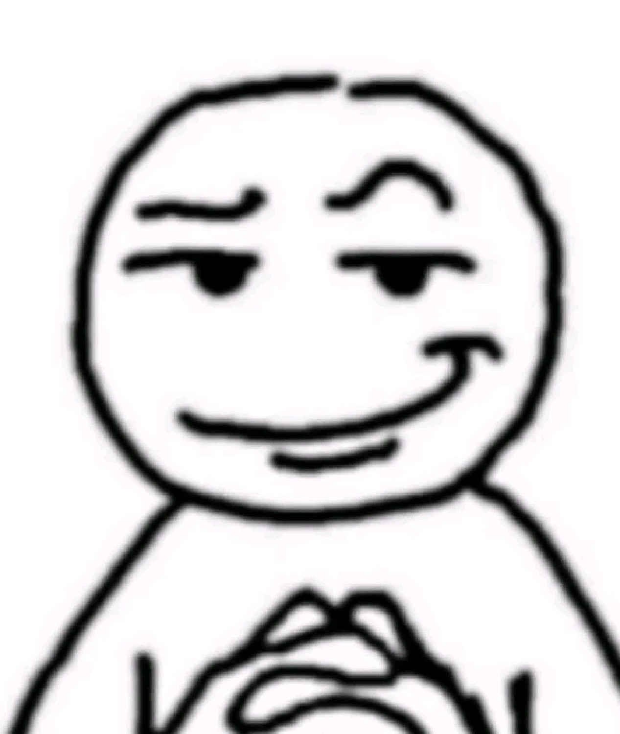 Stick figure with a sly smirk and fingers interlaced — planning something no good