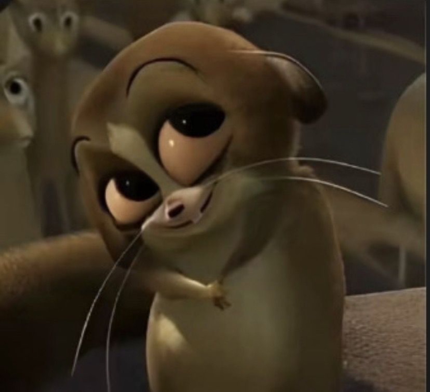 Animated big-eyed meerkat glancing sideways with a disappointed, judging look