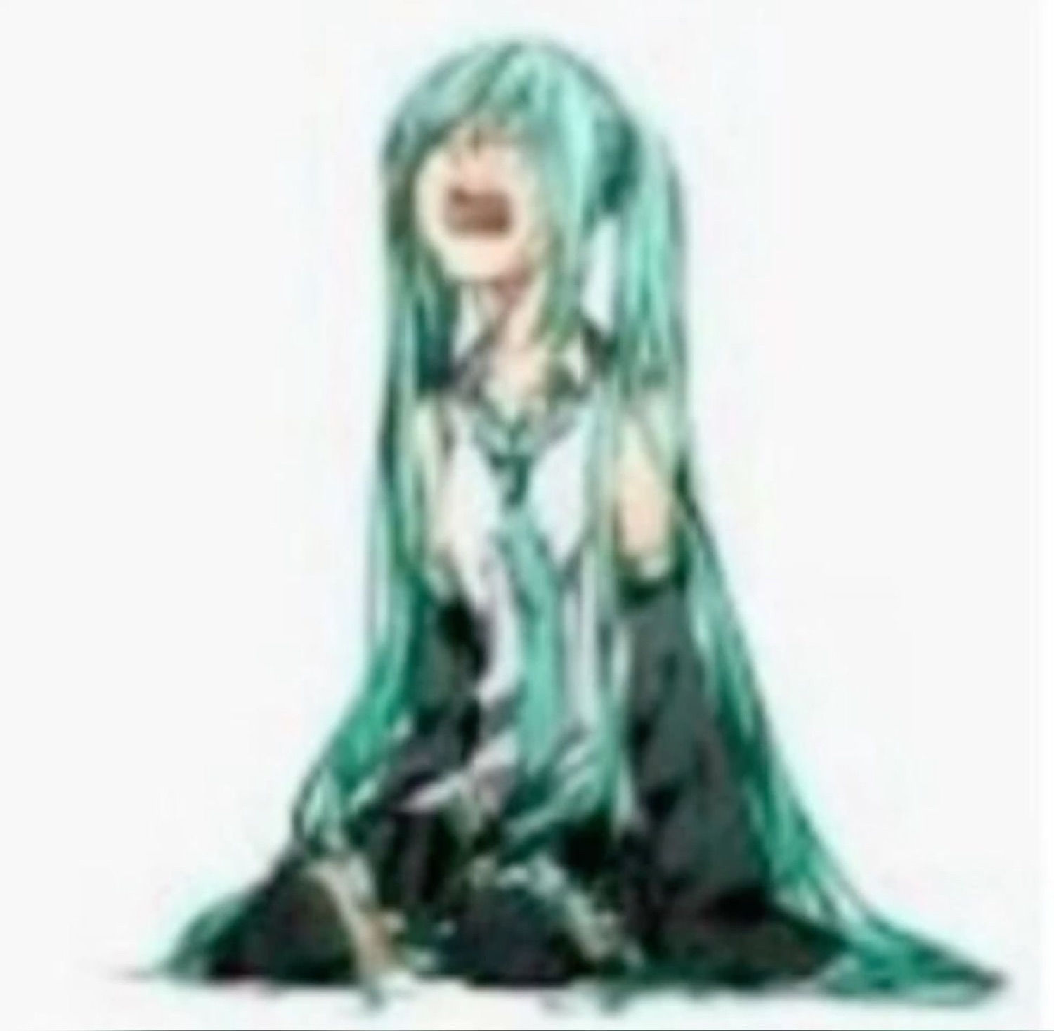 Green-haired anime girl kneeling on the floor screaming and crying in despair